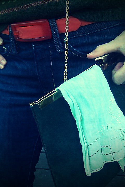 red jelly belt, vintage etra clutch purse chain strap green, vintage embroidered mint hankercheif