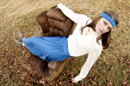 Headband, vintage 60s Ship n Shore, blue nylon maxi skirt and vintage John Matthew white blouse with necktie 