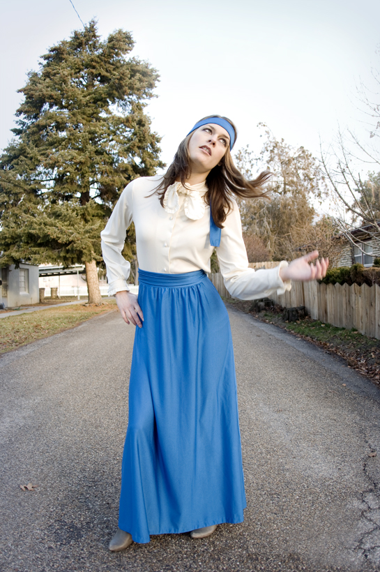 Vintage 60s Ship n Shore, blue nylon maxi skirt and vintage John Matthew white blouse with necktie