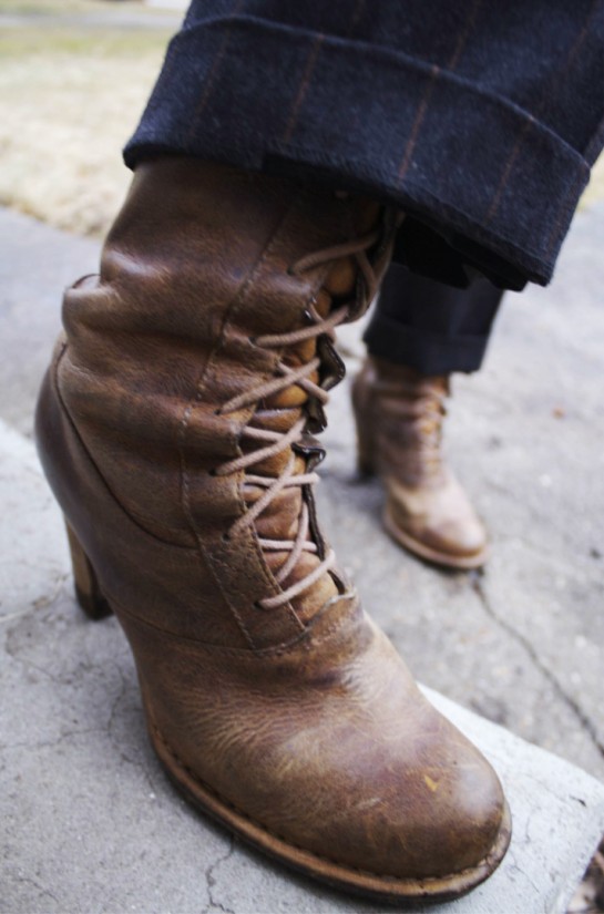 brown leather boots, lace-up boots, Frye, high heeled boots