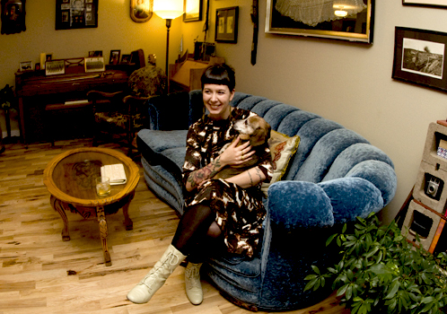 antique blue velvet sofa, Julie Miller, vintage clothing, cocktail dress, white leather boots