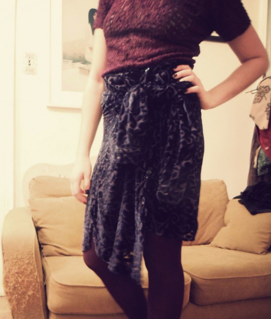 Victoria's Secret lace shirt, blue velvet shirt as skirt, purple tights, croc-skin pumps