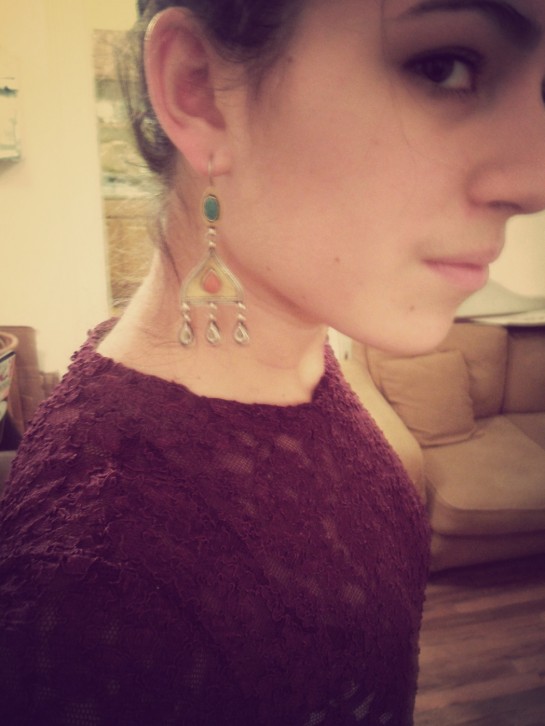 Armor Bijoux antique earrings from Turkmenistan and Victoria's Secret lace shirt