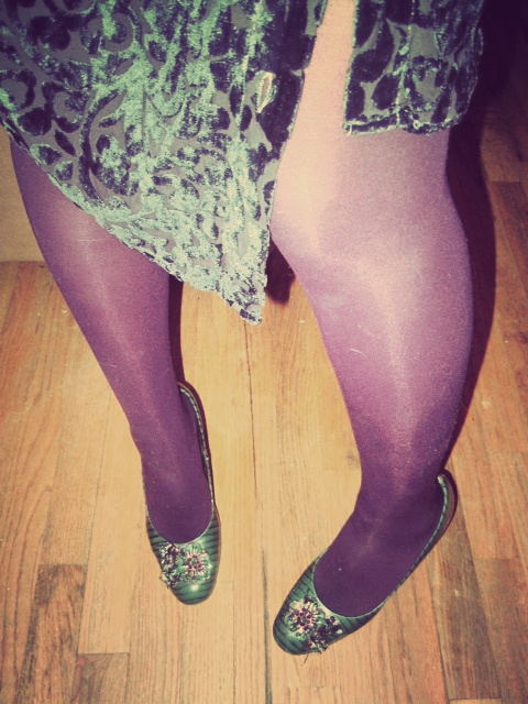 Blue velvet blouse as skirt, purple tights, Banana Republic croc-skin sequined pumps