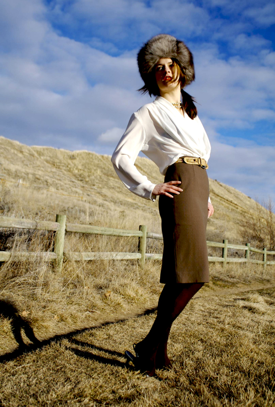 Anne Klein Neman Marcus pencil skirt, fur hat, vintage JH Collectibles blouse