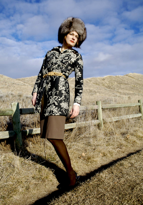 Brocade coat, Russian fur hat, Anne Klein Neiman Marcus pencil skirt, Liz Claiborne black leather heals