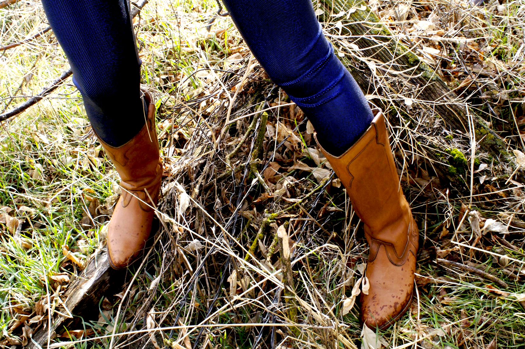 colorful tights and thrifted cowboy boots