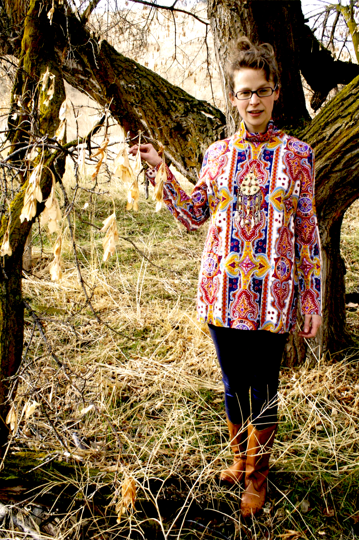 thrift store, color textile, colorful tights, cowboy boots, Turkmen vintage necklace