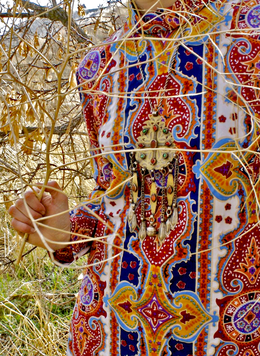 thrifted colorful textile tunic and Armor Bijoux Turkmen vintage necklace