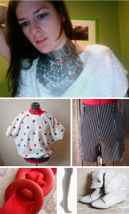 vintage Afghani ethnic choker necklace, 80s poke-a-dot blouse, 90s pinstriped shorts, red belt, 80s white ankle boots, grey tights
